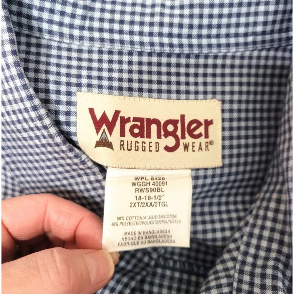 Wrangler Rugged Wear Short Sleeve Button Down Shirt Size 2XT Blue Small Check - Picture 6 of 7
